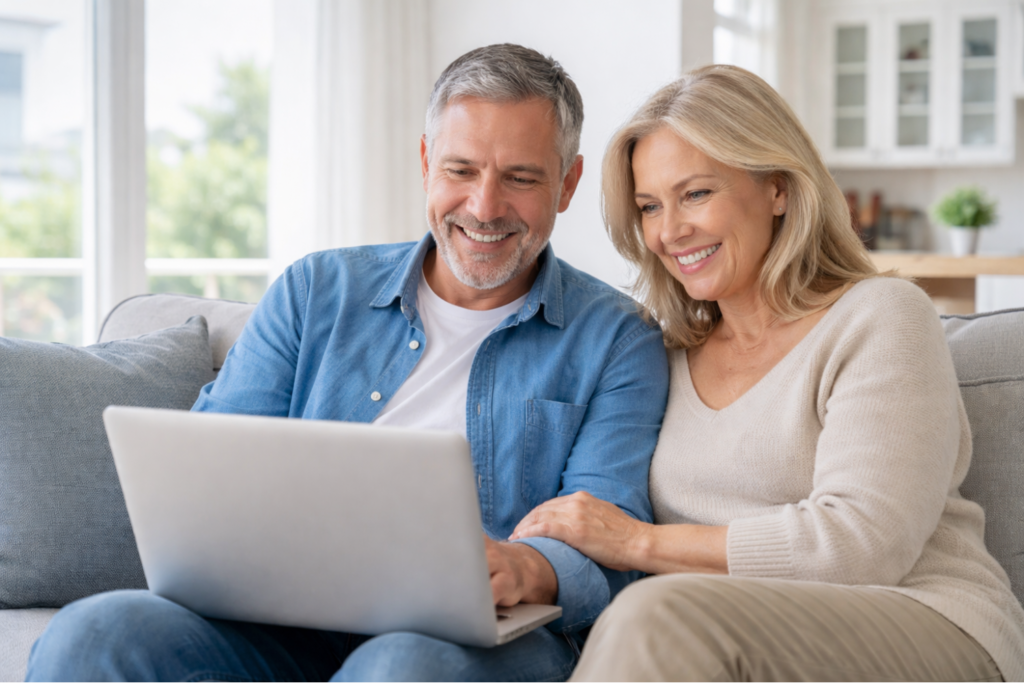 Older couple using a laptop to calculate mortgage payoff and plan home loan payments